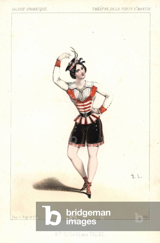 French ballet dancer Miss Zina Richard in the ballet Trilby, Theatre de la Porte St. Martin, 1845. Handcoloured lithograph after an illustration by Alexandre Lacauchie from Victor Dollet's Galerie Dramatique: Costumes des Theatres de Paris, Paris, 1845.