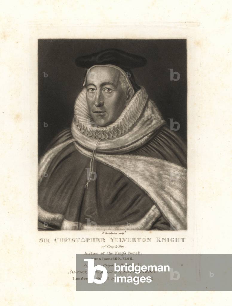 Sir Christopher Yelverton, Justice of the King's Bench, died 1602. Copperplate mezzotint by Robert Dunkarton after an original painting by Cornelis Janssens from Samuel Woodburn's Portraits of Characters Illustrious in British History, London, 1811.