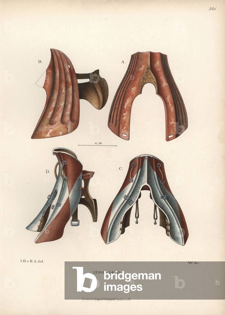 Tournament saddles, equestrian equipment, between 1390 and 1430 - Chromolithography, drawing by Jakob Heinrich von Hefner-Alteneck (1811-1903), for his book “Costumes, crafts and instruments from the Middle Ages at the end of the 18th century”, published by Heinrich Keller, Frankfurt, 1883