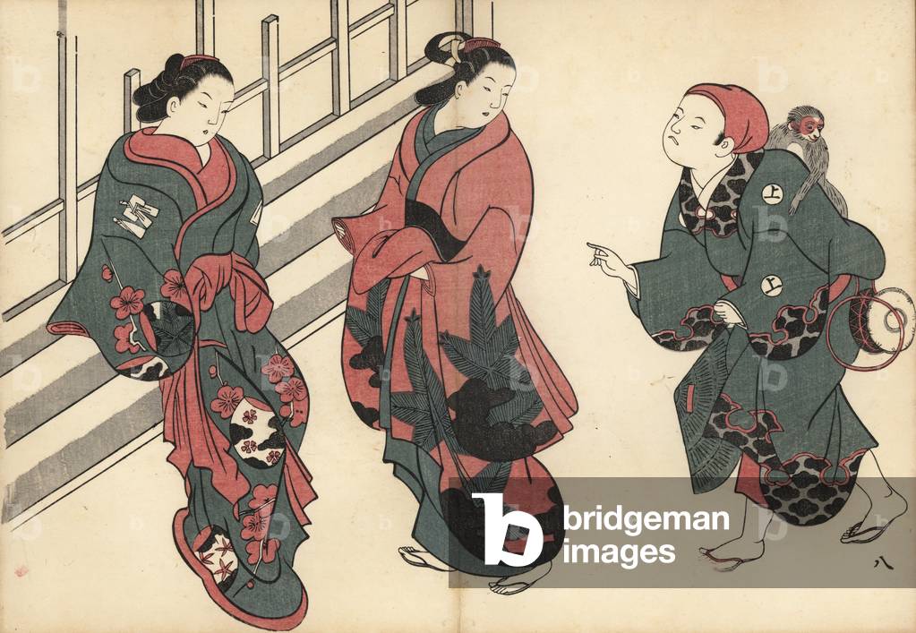 Courtesans and a street entertainer with performing monkey in front of a barred shopfront in the pleasure quarters. Woodblock print by Masanobu Okumura (1686-1764) from Fuzoku Emakimono, Picture Scroll of the Water Trade, Tokyo, reprint circa 1880.