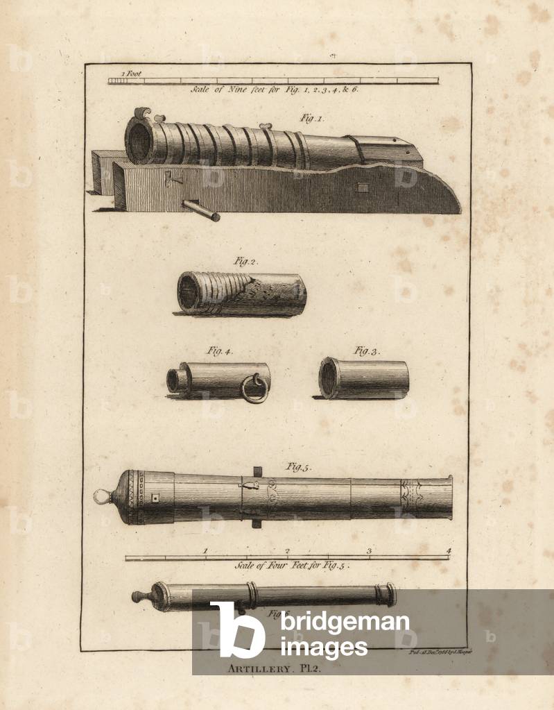 Ancient artillery pieces: an ancient gun 1, pieces of ancient perriers 2,3,4, a Spanish gun used by the Armada made of copper lead and iron 5, and a gun made of copper lead and iron 6