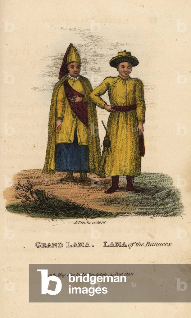 Grand Lama and Lama of the eight Tartar Banners. Tartar Buddhist monks in yellow satin robes and hats. Handcoloured copperplate engraving by Andrea Freschi after Antoine Cardon from Henri-Leonard-Jean-Baptiste Bertin and Jean Baptiste Joseph Breton's China, Its Costumes, Arts, Manufactures, etc., Howlett and Brimmer, London, 1824.