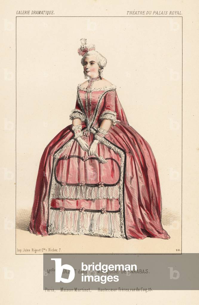 Pauline Dejazet in La Marquise de Carabas by Brazier and Simonnin, Theatre du Palais Royal, 1843. Handcoloured lithograph after an illustration by Alexandre Lacauchie from Victor Dollet's Galerie Dramatique: Costumes des Theatres de Paris, Paris, 1845.