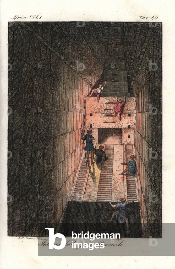Interior of the Great Pyramid of Cheops (Khufu), Giza, Egypt. Arab men with torches climbing walls and staircases in a narrow room. Handcoloured copperplate engraving by Andrea Bernieri from Giulio Ferrario's Costumes Antique and Modern of All Peoples (Il Costume Antico e Moderno di Tutti i i Popoli), 1843.