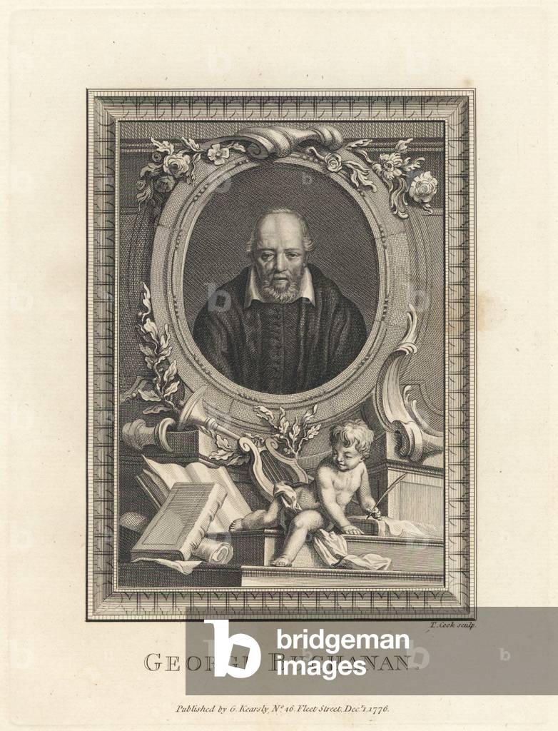 Portrait of George Buchanan, Scottish historian and humanist scholar, 1505-1582. In an oval decorated with foliage, horn, lyre, books and putto with quill. Copperplate engraving by Thomas Cook from The Copper Plate Magazine or Monthly Treasure, G. Kearsley, London, 1778.