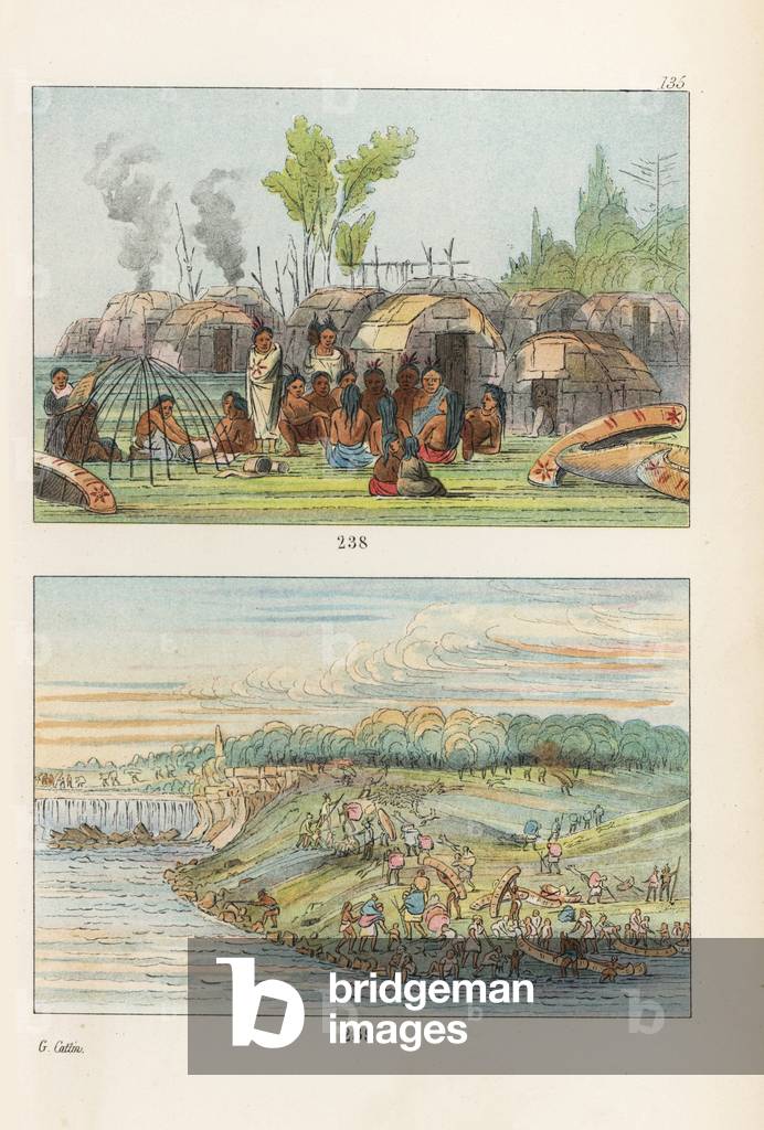 Chippewa encampment with round lodges of birch bark over frames, and Chippewa carrying canoes and belongings overland to pass the rapids and falls in a river. Handcoloured lithograph from George Catlin's Manners, Customs and Condition of the North American Indians, London, 1841.