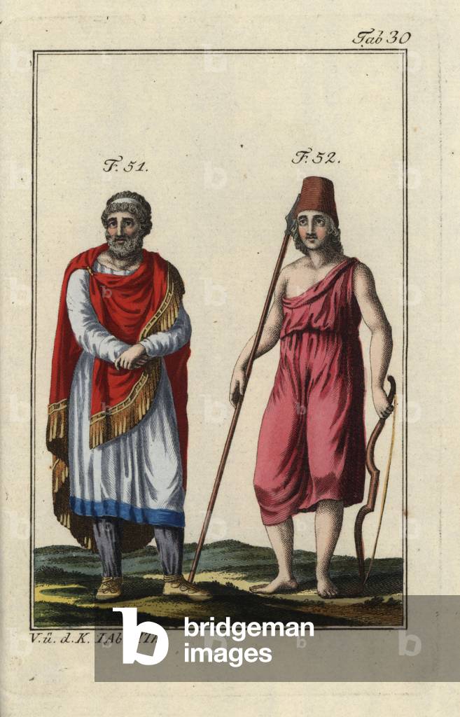 Assyrian king in battledress and an Armenian man with lance and bow. Handcolored copperplate engraving from Robert von Spalart's “” Historical Picture of the Costumes of the Principal People of Antiquity and of the Middle Ages”” (1797).