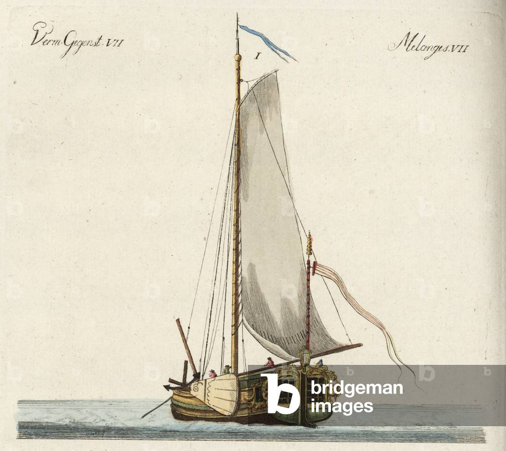 Yacht, 18th century. Handcoloured copperplate engraving after Christiane Henriette Dorothea Westermayr from Friedrich Johann Bertuch's Bilderbuch fur Kinder (Picture Book for Children), Weimar, 1792.