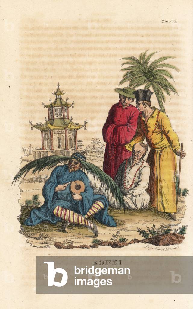 Chinese monks in front of a pagoda. Handcoloured copperplate engraving by Andrea Bernieri from Giulio Ferrario's Ancient and Modern Costumes of all the Peoples of the World, 1843.