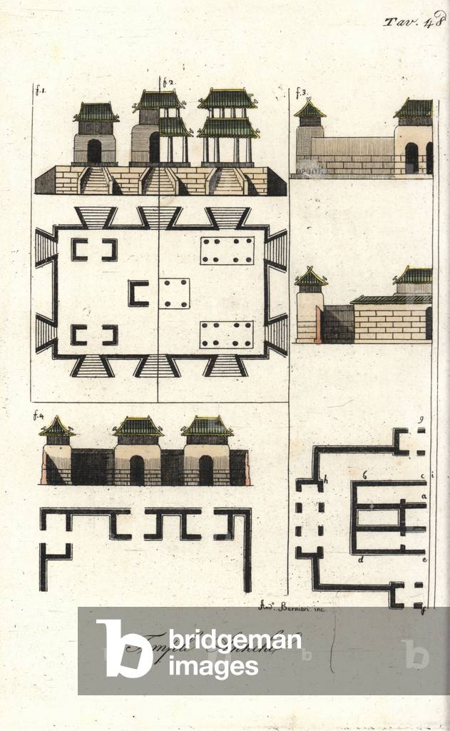 Plans and elevations of an ancient Chinese temple. Handcoloured copperplate engraving by Andrea Bernieri from Giulio Ferrario's Costumes Antique and Modern of All Peoples (Il Costume Antico e Moderno di Tutti i i Popoli), Florence, 1842.
