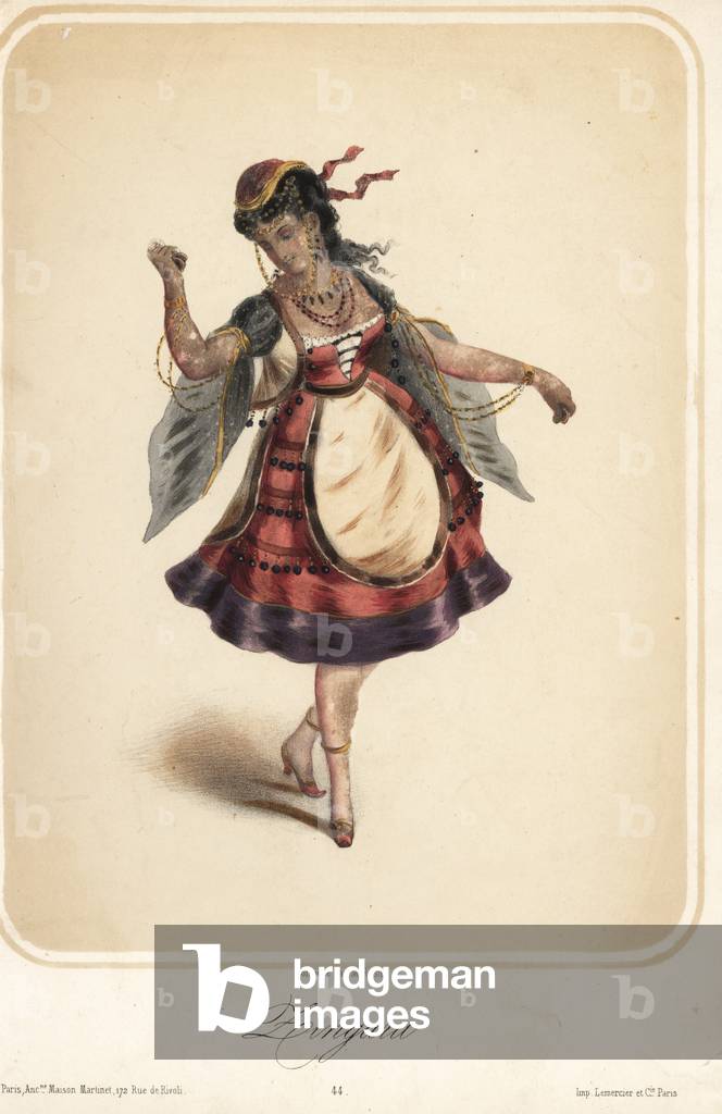 Woman in costume as a gypsy girl dancing with castanets, 1880s (lithograph)