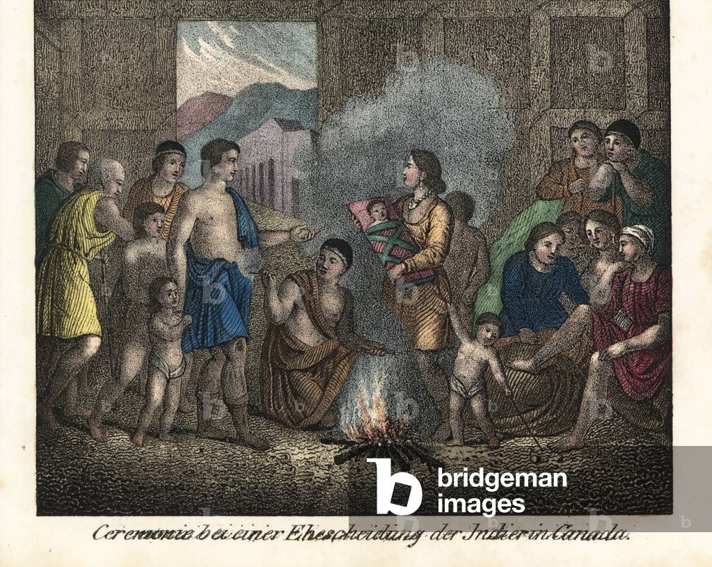Divorce ceremony of an Indian couple, native of Canada, the wife and the youngest children facing the man and older children, formalize their separation around a fire. Lithography for the book: “” Galerie complete en tableaux fideles des peuples d'Amérique et d'Australie”” by Friedrich Wilhelm Goedsche (1785-1863), Meissen edition (Germany), 1835-1840. Divorce ceremony between natives of Canada: the bride with baby in papoose and husband with children formalize their separation. Handcoloured lithograph from Friedrich Wilhelm Goedsche's “” Vollstaendige Voelkergallerie in getreuen Abbildungen”” (Complete Gallery of Peoples in True Pictures), Meissen, circa 1835-1840.