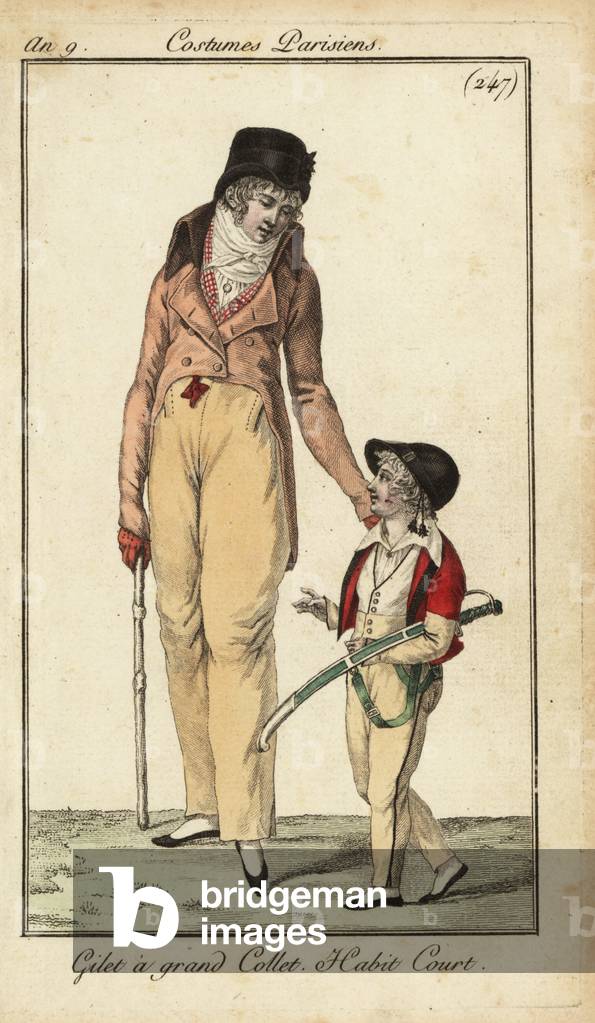 Fashionable gentleman or Incroyable with cudgel, Paris, 1799 (handcoloured copperplate engraving)