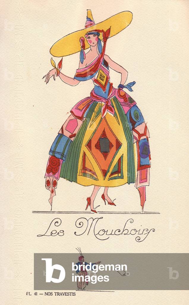 Woman in handkerchief fancy dress costume, les tissues, with wide-brimmed hat and dress decorated with colourful handkerchiefs. Lithograph by unknown artist with stencil handcolouring from “” Nos Travestis”” (Our Fancy Dress Costumes), Paris, 1928.