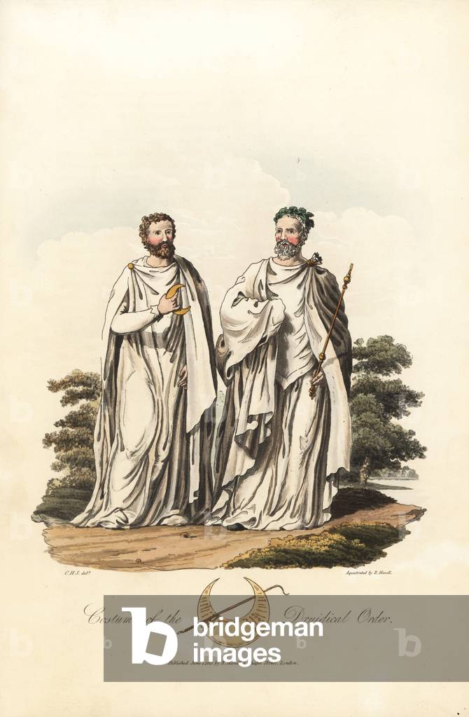 British antiquite (pre-Roman period, before 1st century): Druid costumes, a Druid archi with its crown of oak leaves and a druid holding a cornan, symbol of celebration - Forte Water by Robert Havell (1793-1878) after an illustration by Charles Hamilton Smith (1776-1859), from original Costume of British Islanders, from Samuel Meyrick (1783-1848), 1821 - Costume of the Druidical Order, Pre-Roman era - Arch-Druid in garland of oak leaves, and Druid holding a Cornan, a symbol of a festival - Handcoloured aquatint by R. Havell from an illustration by Charles Hamilton Smith from Samuel Meyrick's Costume of the Original Inhabitants of the British Islands, London, 1821