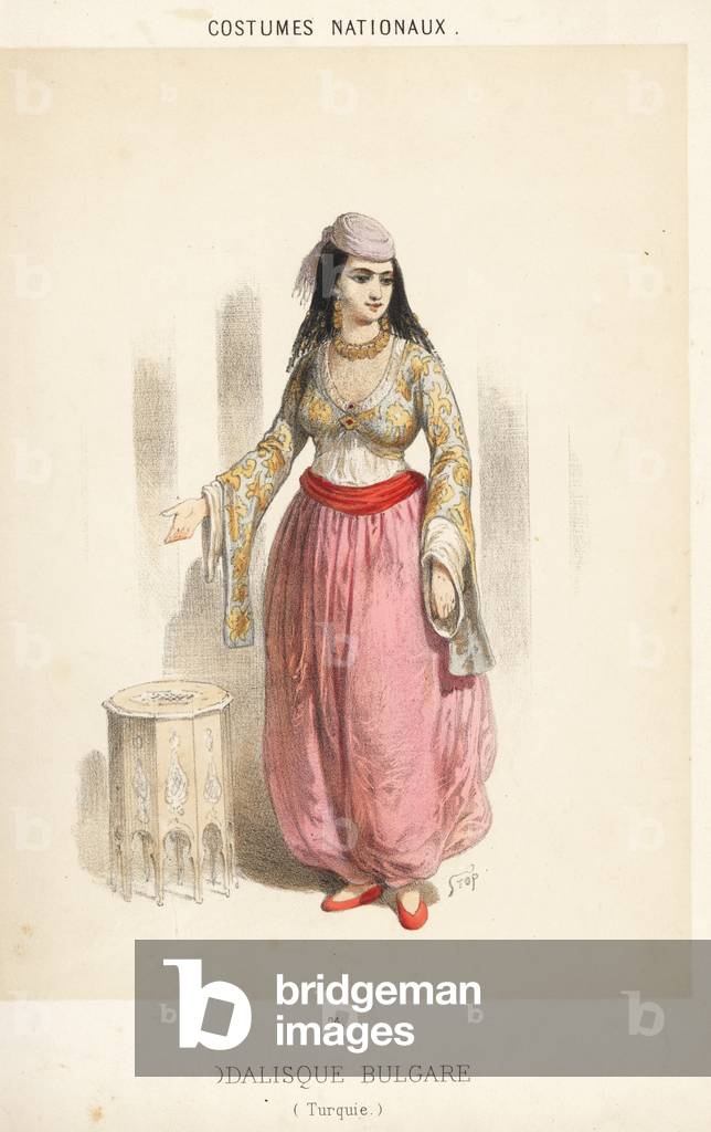 Woman in fancy dress costume of a concubine in a harem, 1880s (lithograph)