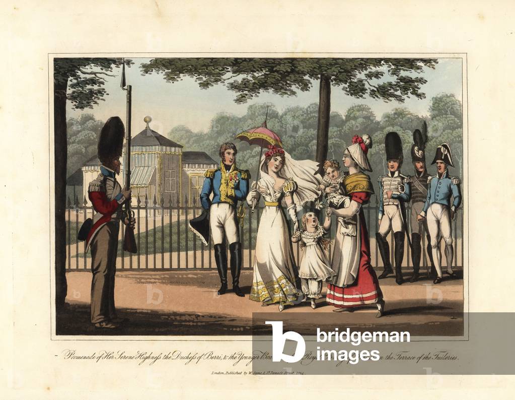 Promenade de la duchesse de Berry with her children, their nurse and the officers of the royal house, on the terrace of the chateau des Tuileries - Eau forte after an illustration by Victor Auver, extracted from Un tour a travers Paris, published by William Sams, 1925 -