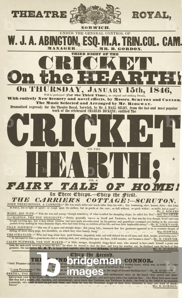 Dickens playbill: 'The Cricket on the Hearth' at Theatre Royal, Derby, January 15th, 1846 (litho)