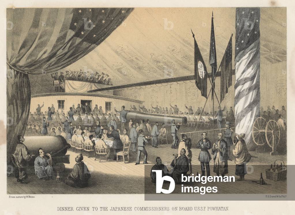 Dinner given to the Japanese Commissioners on board U.S.S.F. Powhatan, 1855 (colour litho)