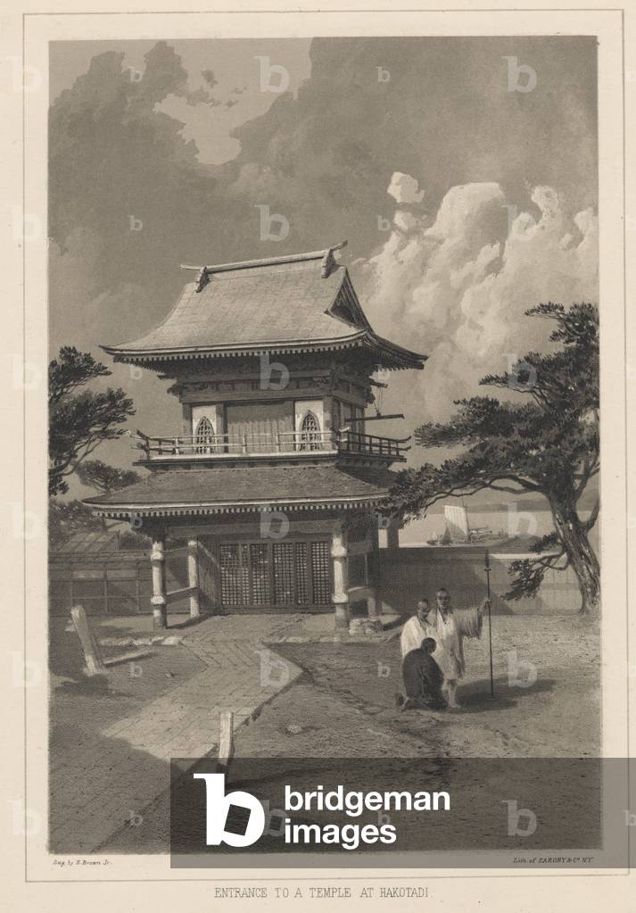 Entrance to a Temple at Hakotadi, 1855 (litho)