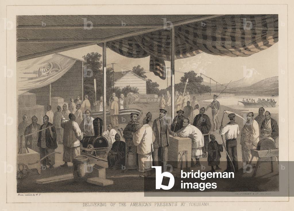 Delivering of the American Presents at Yokuhama, 1855 (colour litho)