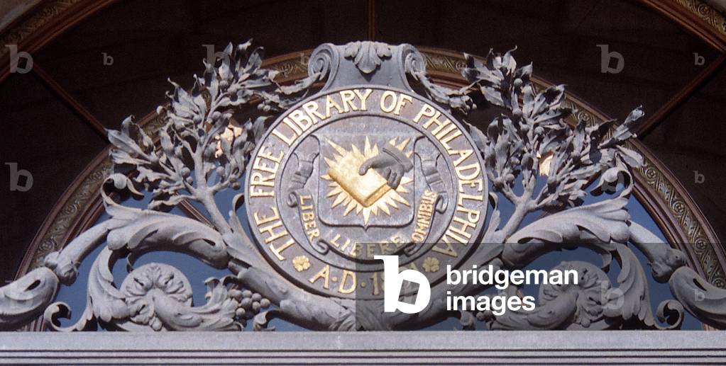 Seal of the Free Library of Philadelphia above front entrance to the Central Library (photo)