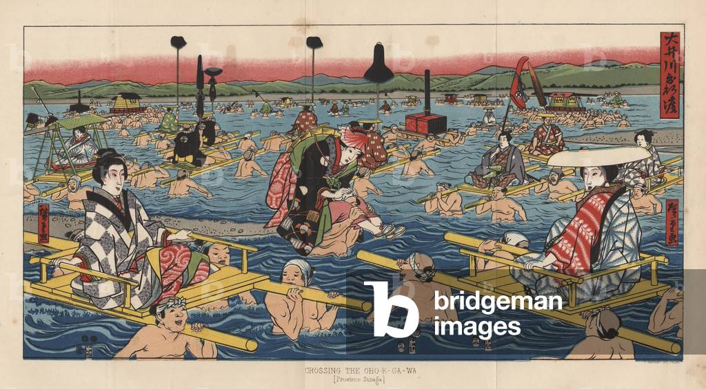 Crossing the Oho-E-Ga-Wa, Province Suraga, 1855 (colour litho)