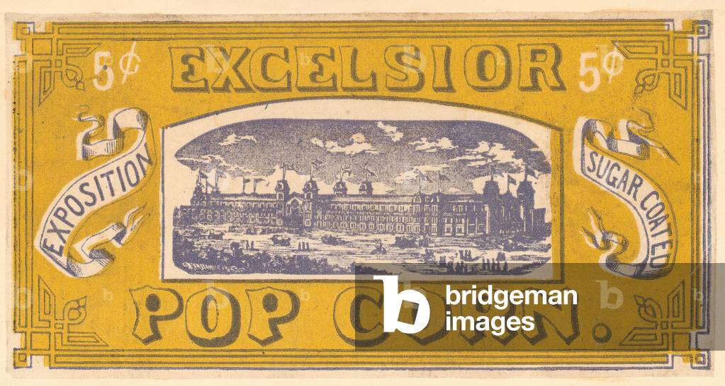 Excelsior Popcorn tradecard, Centennial Exhibition, Philadelphia, 1876 (colour litho)