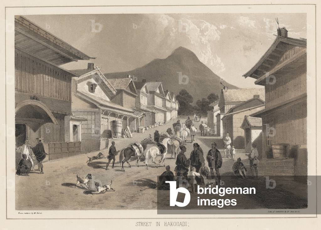 Street in Hakodadi, litho by Sarony & Co., 1855 (chromolitho)