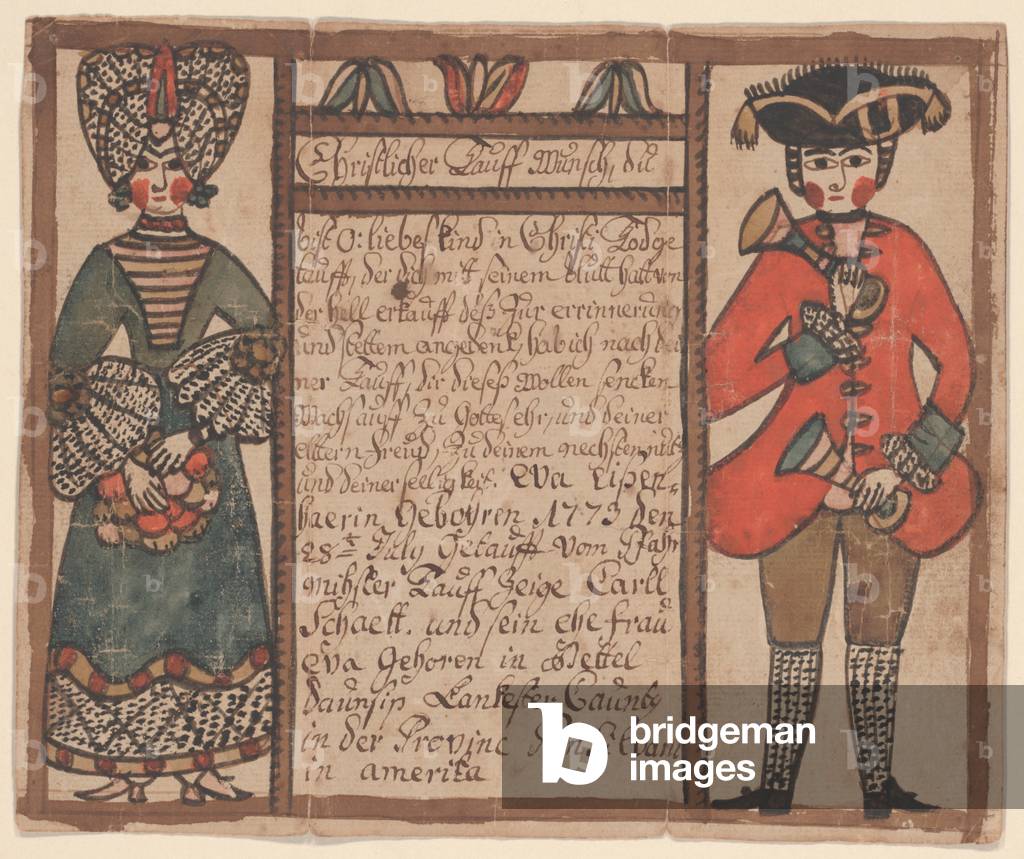 Birth and baptismal certificate for Eva Eissenhaer, c.1773 (pen & ink and w/c on paper)