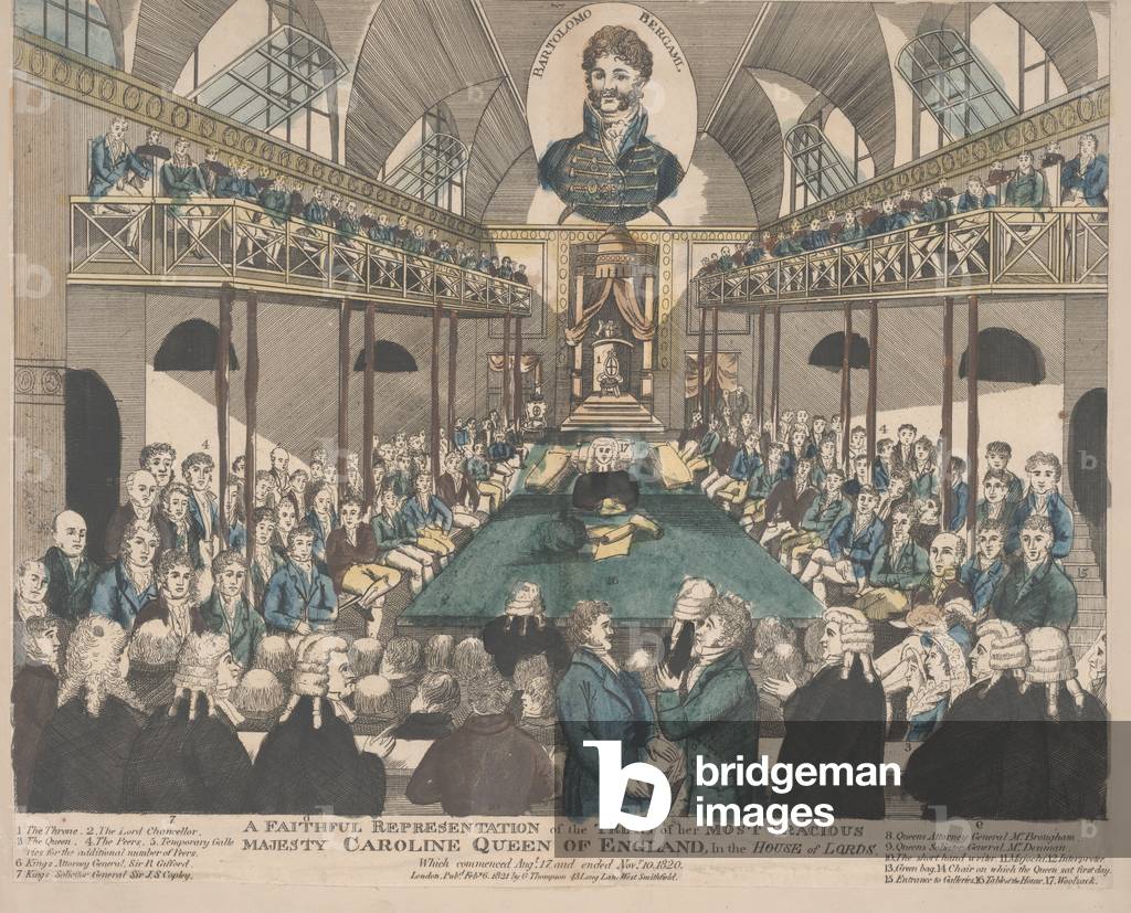 A Faithful Representation of the Trial of Caroline, Queen of England, 1821 (coloured engraving)