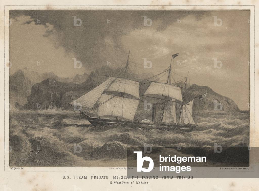 U.S. Steam Frigate Mississippi Passing Punta Tristao, 1855 (litho)
