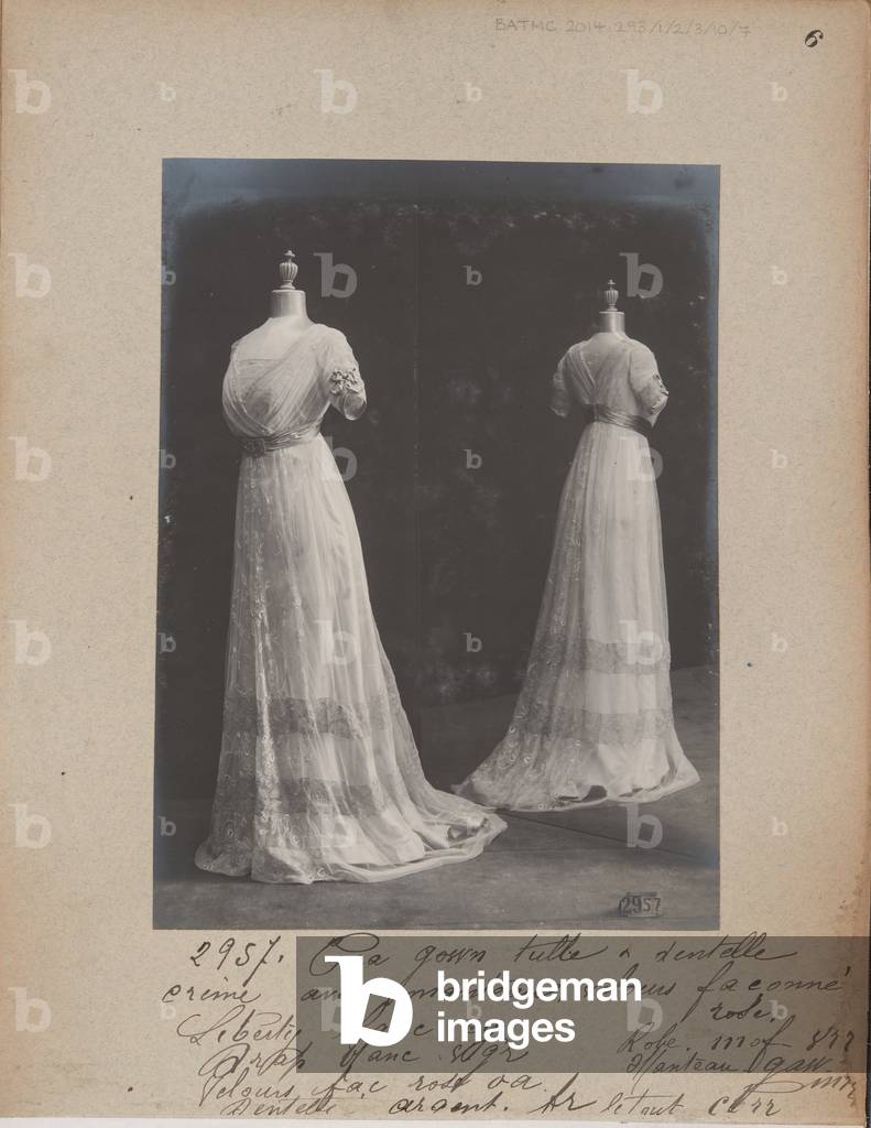 Album Page: House of Worth, Tea Gown, 1909-10 (b/w photo)