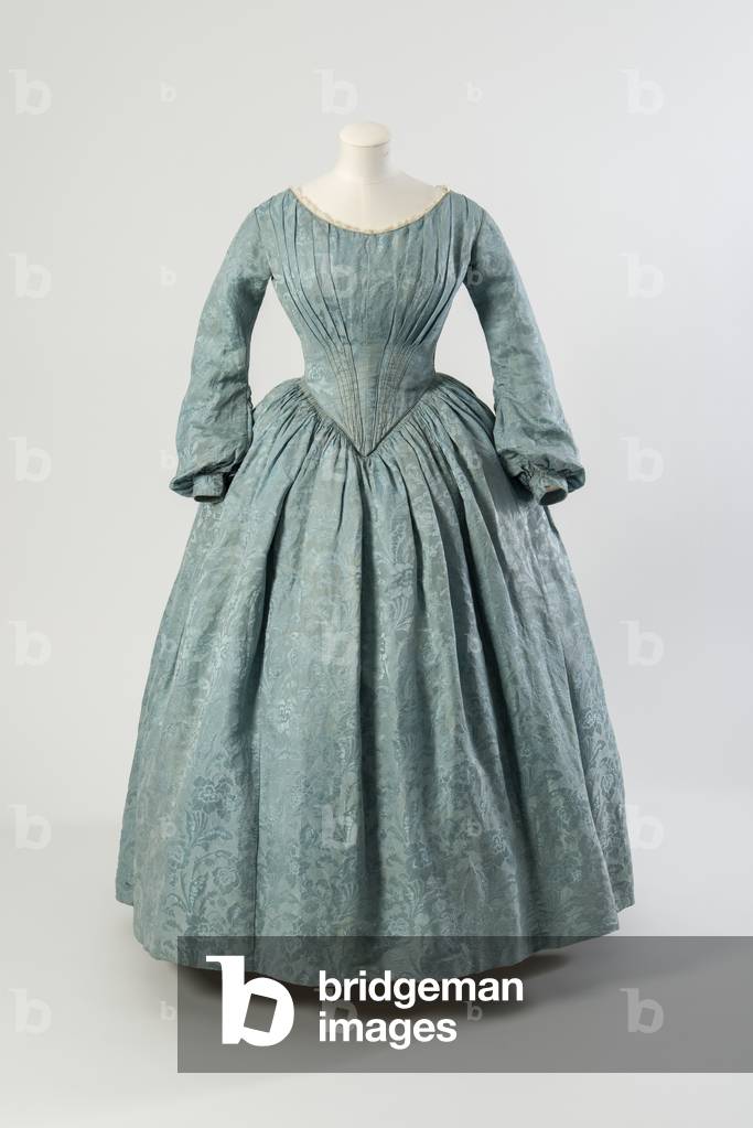 Light blue flowered silk dress with shaped pointed bodice and log full sleeves, 1840s (silk)