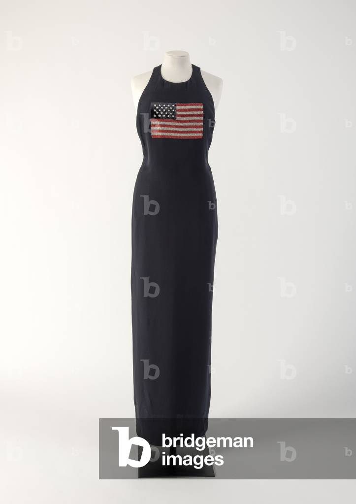Midnight blue silk evening dress with Stars and Stripes embroidered 'badge', 1991 (silk)