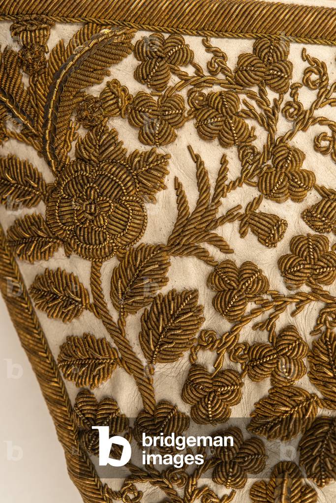 Detail of the right hand glove used at the Coronation of Queen Elizabeth II in 1953 (embroidered white kid leather)