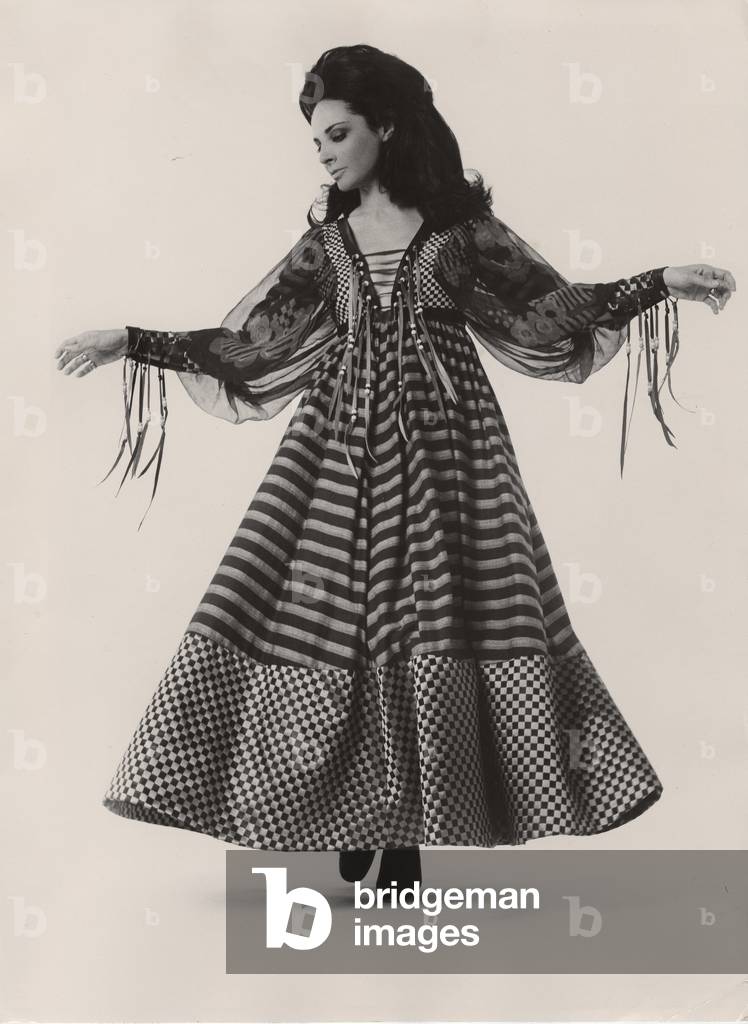 Dress designed by Bill Gibb for Baccarat and published in the 'Mainly for Women' pages of The Sunday Times newspaper on 12 April 1970 (b/w photo)