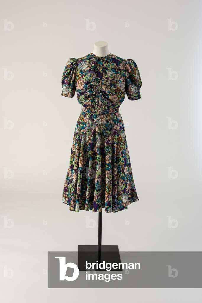 Green, blue, and pink synthetic silk day dress, 1940 (synthetic silk)