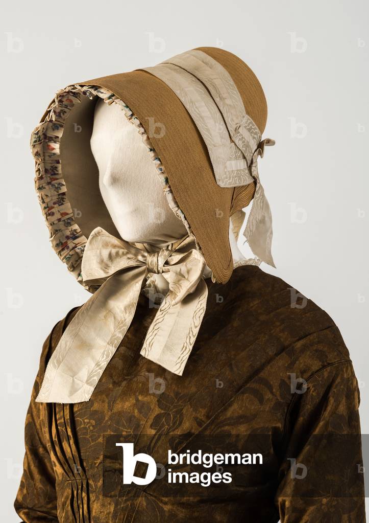 Straw bonnet, with woven silk ribbons, 1840s (straw & silk)