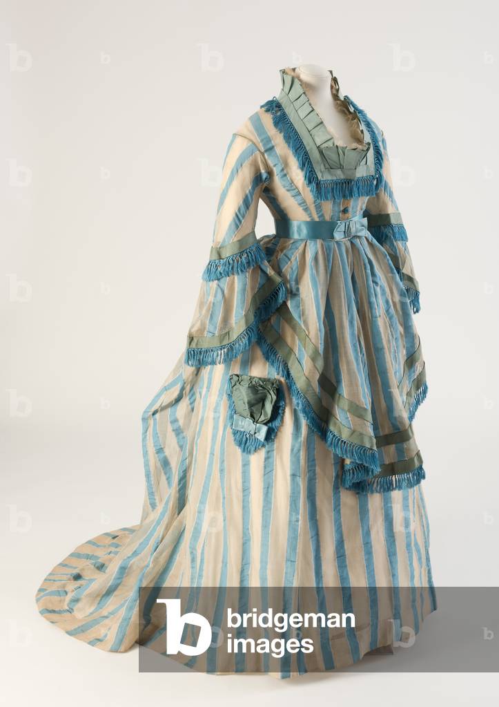 Blue striped cotton gauze day dress, 1874 (cotton)