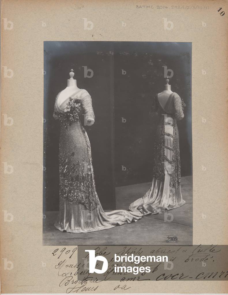 Album Page: House of Worth, Ball Gown, 1909-10 (b/w photo)