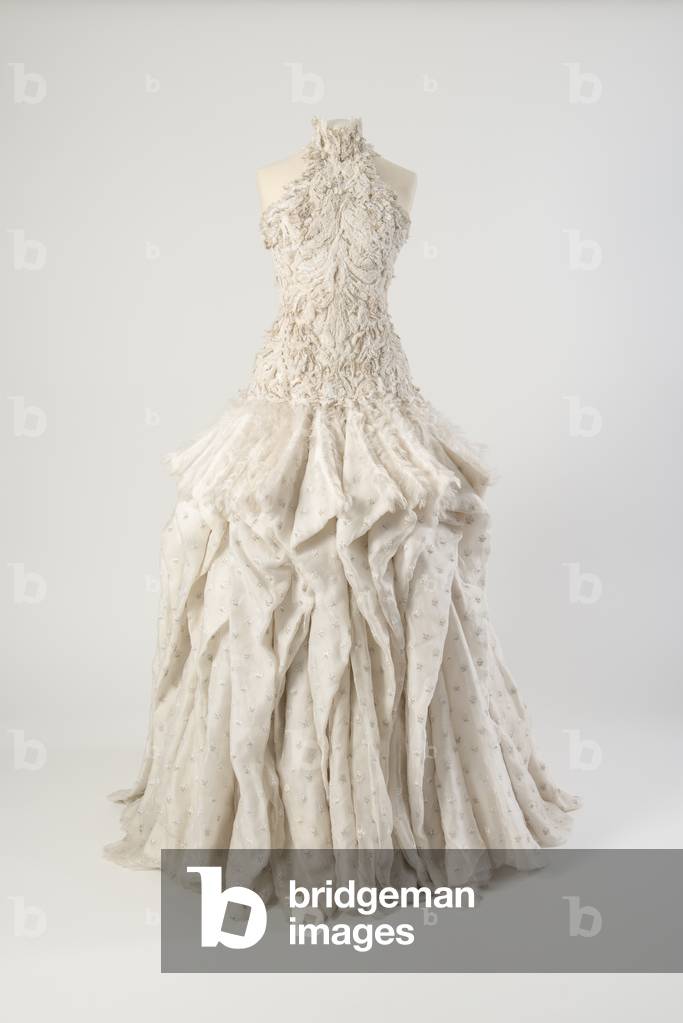 Ivory silk organza evening dress with appliqué bodice and panelled skirt embroidered with miniature eagle motifs, by Sarah Burton for Alexander McQueen, Autumn/Winter 2011-12 (silk organza) 
