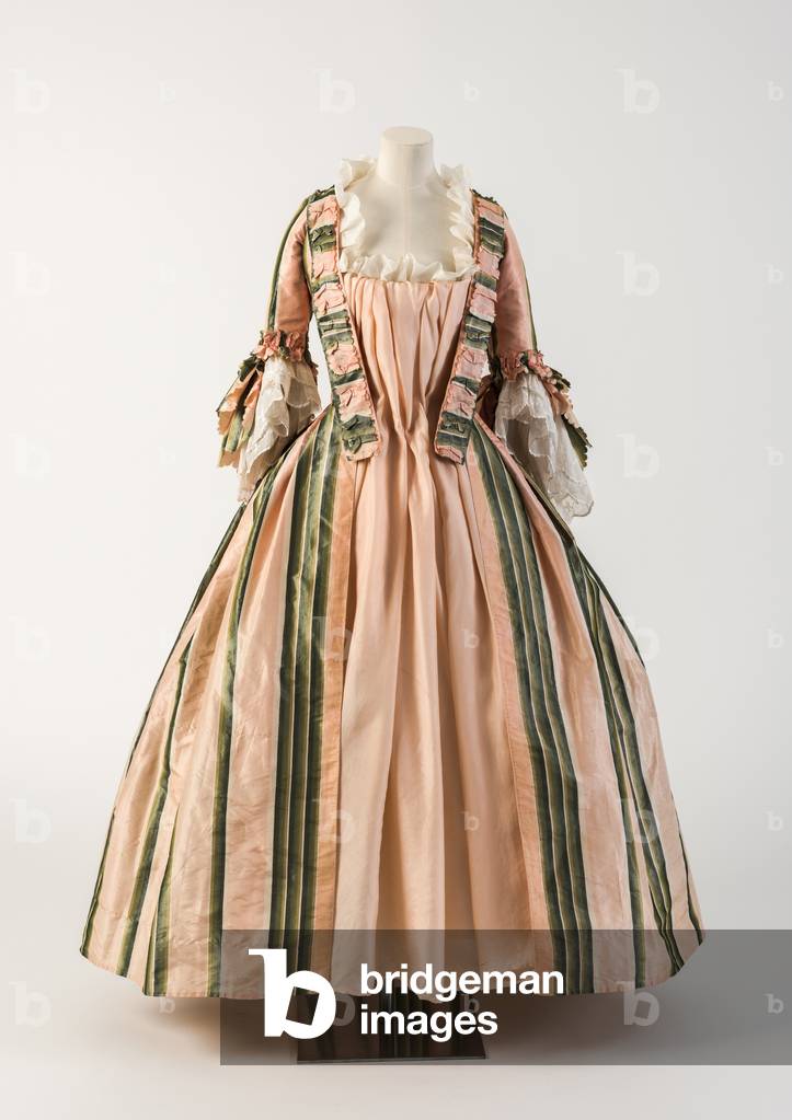 Pink and green striped silk robe a l'anglaise, 1770s (silk)