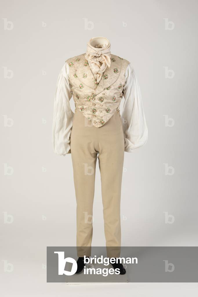 Man's woollen trousers, worn with figured silk waistcoat, 1820s (wool & silk)