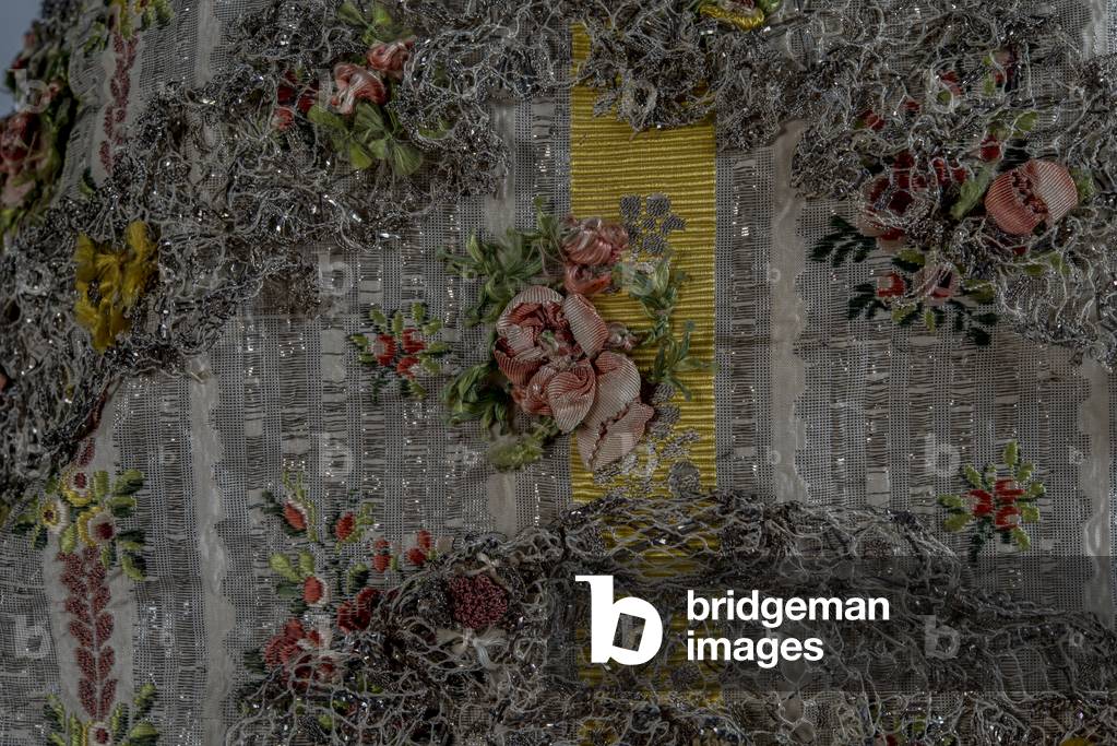 Fashion doll’s mantua (detail), 1760s (yellow & silver woven brocaded silk)