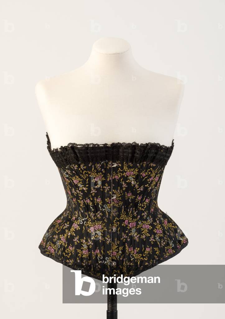 Black woven silk boned corset, with tiny blue and pink flowers, 1890s (silk)