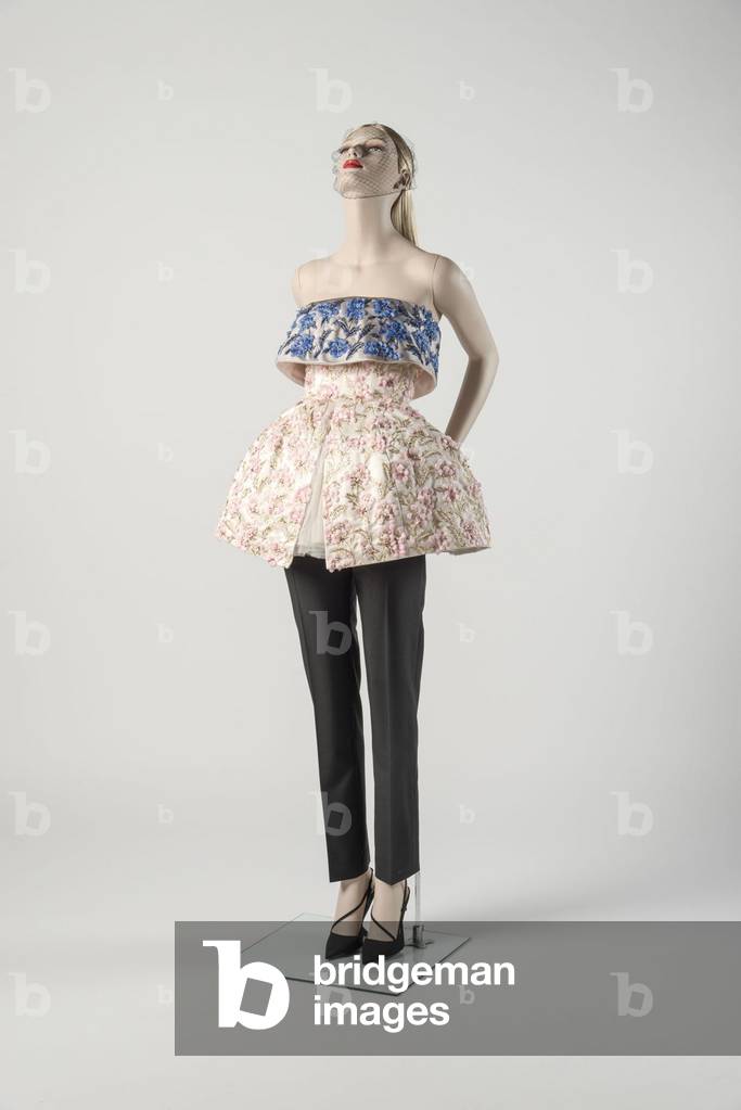 Pink and blue embroidered 'cut-off ballgown' with black trousers for the House of Dior, 2012