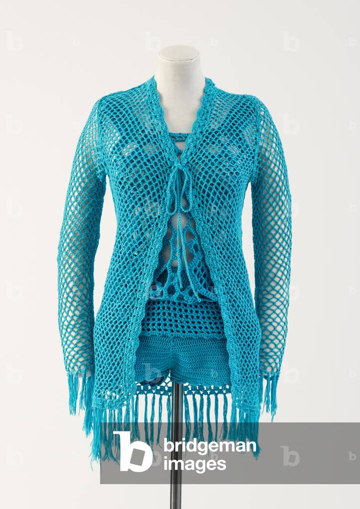 Electric blue crochet short shorts and tank top ensemble, 1969 (textile)