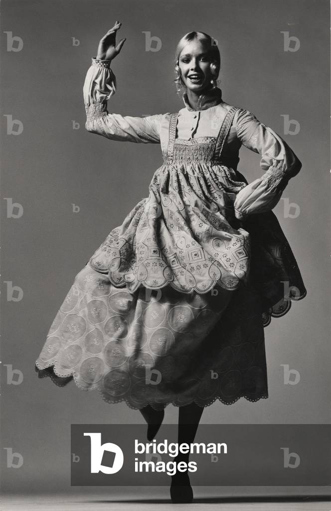 Ensemble designed by Bill Gibb, published in The Sunday Times  on 10 January 1971 (b/w photo)