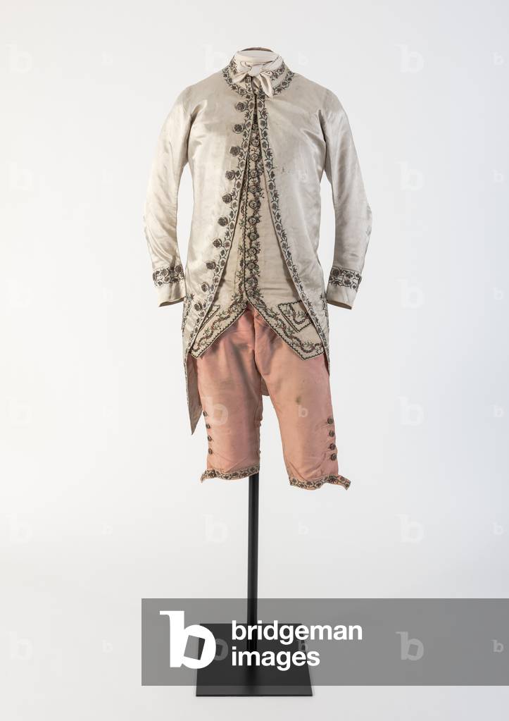 Man's cream silk satin embroidered coat and pink silk breeches, 1780s (silk)